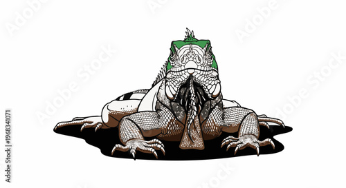 A green-crested, detailed, scaly iguana rests on a white background