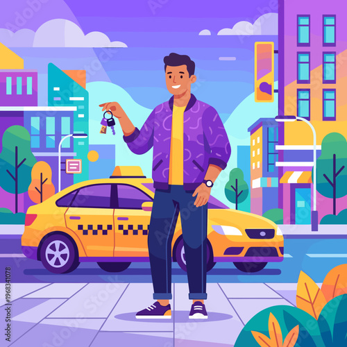 A smiling young man proudly holds up a set of keys, standing confidently on a city street in front of a bright yellow taxi cab and modern urban buildings.
