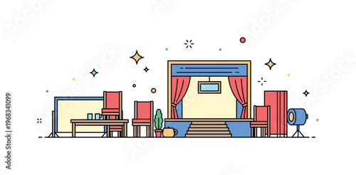 Stage props set design scene where miniature chairs, tables, and stage backdrops are arranged while small sparkle and star icons emphasize planning,