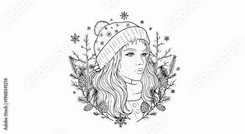 Stylized sketch of a woman in a winter hat, surrounded by pine branches and snowflakes