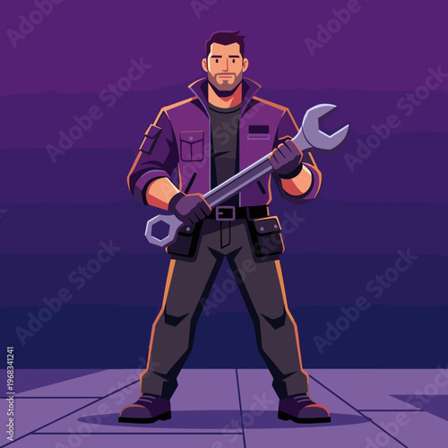 A confident and capable female mechanic stands proudly in a practical work jumpsuit, holding a wrench in her hands, amidst a well-organized and colorful workshop setting.