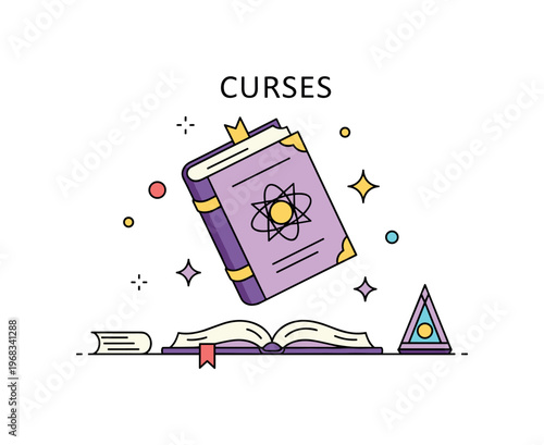 Curses old spellbook study scene where glowing pages float above a table while small sparkle and star icons emphasize knowledge, magic, and arcane discovery.