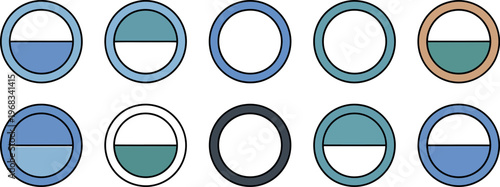 Collection of circular icons with half filled color segments on transparent background