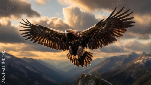 Majestic golden eagle soaring above dramatic mountain range at sunset