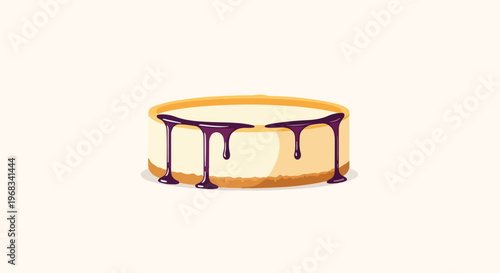 Flat lay of a cheesecake with purple glaze dripping down against a clean white background.