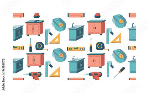 installation icons seamless pattern, repeating pattern, surface design, textile print, modern illustration of cabinets, countertops, measuring tools, drills,