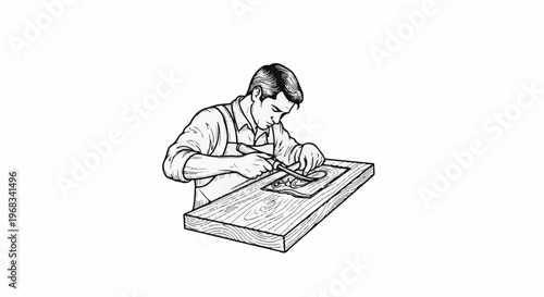 A craftsman meticulously carves intricate patterns into a wooden plank with a chisel