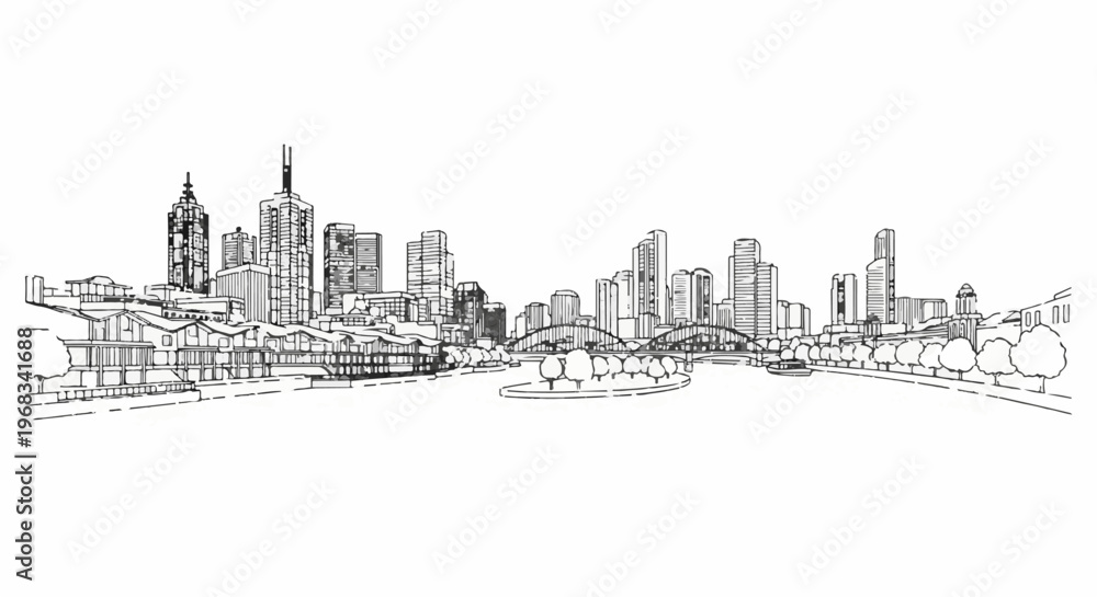 Fototapeta premium Sketchy cityscape with a river and trees