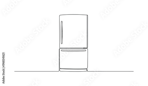 Appliance Illustration. Minimalistic one-line drawing fridge with top freezer and bottom refrigerator, continuous single black line on white background, simple