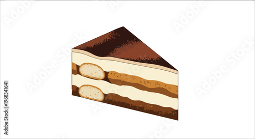 A delightful slice of tiramisu dessert, layered with creamy mascarpone, coffee-soaked ladyfingers, and a dusting of cocoa powder, presented on a