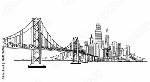 A black and white sketch of a suspension bridge leading to a cityscape
