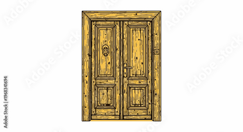 Vintage double wooden doors with ornate knocker and handles