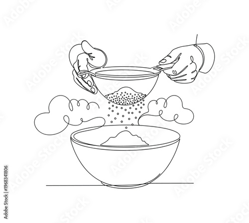 Flour Sifting Process. Minimalistic one-line drawing person shaking flour through fine mesh strainer into bowl, continuous single black line on white