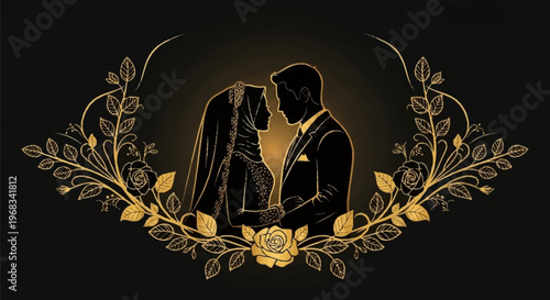 Elegant Gold Floral Frame Wedding Silhouette of Bride and Groom - A Romantic Celebration of Love