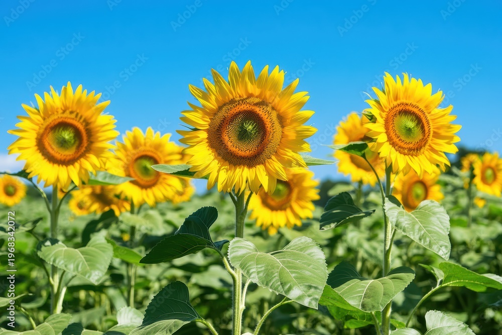 Obraz premium Sunflowers in a field under a blue sky with natural light and clear view