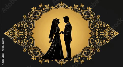 Elegant Wedding Couple Silhouette Framed in Ornate Vintage Decorative Border