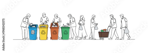 Neighborhood Recycling. Minimalistic one-line drawing people collecting and placing waste in color-coded bins, continuous single black line on white