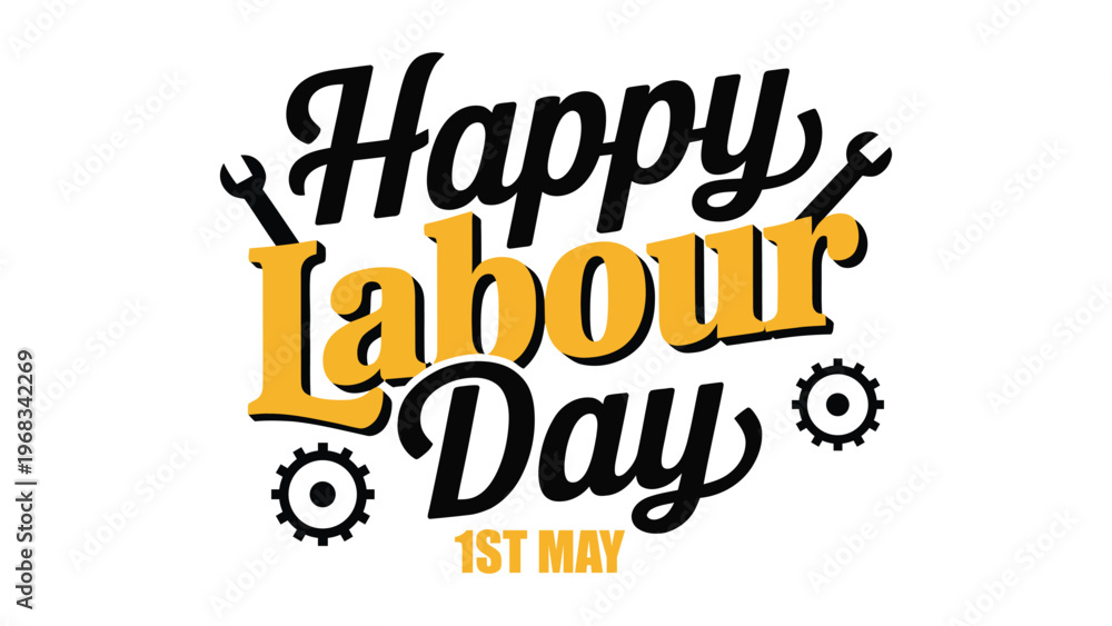 Obraz premium Happy labour day typography design with gears and tools elements celebrating workers contribution industrial workforce appreciation on first may banner
