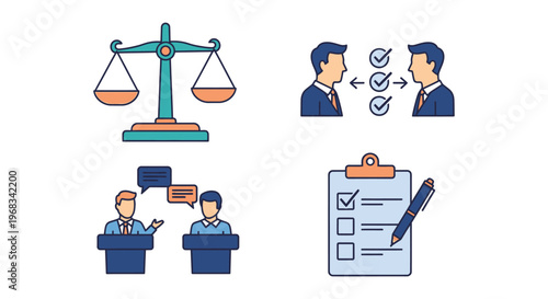 Business professional concept icons featuring legal scales and team communication with checklist clipboard in a flat vector graphic design style