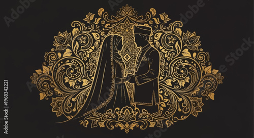 Golden ornate illustration of a traditional wedding couple within a decorative floral frame, symbolizing eternal love and cultural heritage. Elegant design for special celebrations