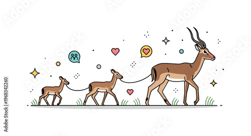 Impalas mother guiding herd scene where an adult leads young impalas across open grassland while small sparkle and heart icons emphasize protection, guidance,
