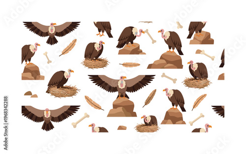 raptor icons seamless pattern, repeating pattern, surface design, textile print, modern illustration of vultures flying, perched, nests, desert rocks, bones