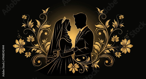 Elegant Muslim Wedding Silhouette in Ornate Floral Frame with Golden Accents