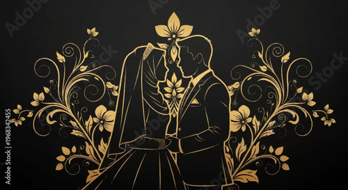 Elegant Golden Wedding Illustration Featuring a Loving Couple's Silhouette Amidst Ornate Floral Swirls, Symbolizing Eternal Romance and Joyful Union