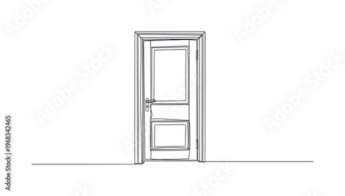 Old Wooden Door. Minimalistic one-line drawing faded door with panel details and slightly warped frame, continuous single black line on white background,