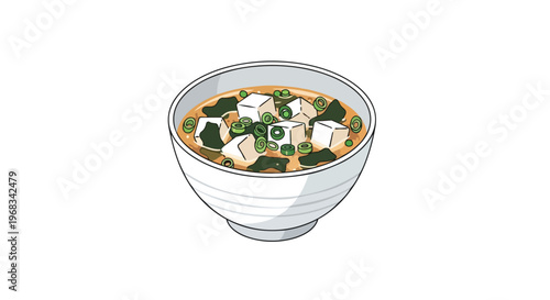A steaming bowl of savory miso soup with tofu, seaweed, and green onions in a minimalist illustration style