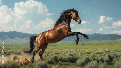 Majestic horse in mid-leap across a field