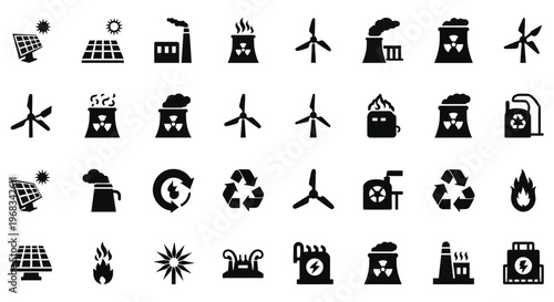 Set of black energy and power vector icons displaying solar panels wind turbines, factories, nuclear plants and recycling symbols