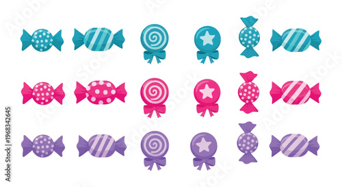 Colorful collection of various wrapped candies and charming lollipops in a delightful vector graphic illustration