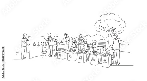 Neighborhood Eco Action. Minimalistic one-line drawing group setting up collection points for recyclable materials, continuous single black line on white
