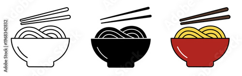 Noodle Bowl Icon Set Vector, Ramen Noodles with Chopsticks, Asian Food Icon, Minimal Line, Solid and Color Illustration