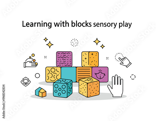 Learning with blocks sensory play concept where textured blocks are used for tactile learning while small sparkle and line icons emphasize exploration, touch,