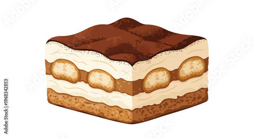 A digital illustration of a layered tiramisu dessert with a creamy texture and cocoa powder on top against a white background.