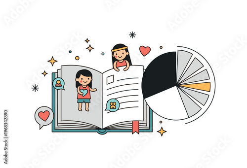 Book children?s storybook concept where a book lies open with whimsical illustrations while tiny sparkle and heart icons highlight imagination, wonder, and