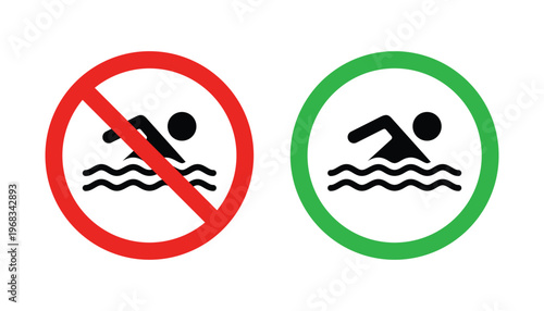 Swimming area and no swimming signs in red and green colors. swimming man icon vector illustration. Swim zone icon and swimming not allowed icon. Vector illustration