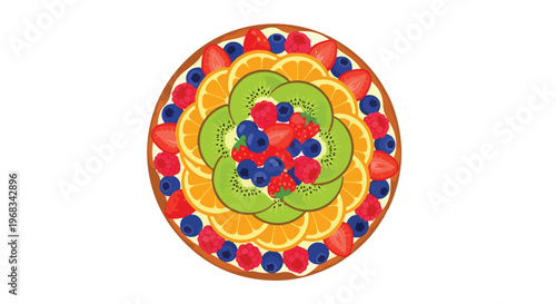 Vibrant circular fruit arrangement with orange, green, red, and blue elements on a white background, showcasing colorful slices.