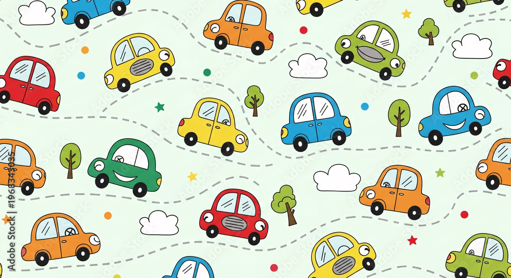 Fototapeta premium Colorful cartoon cars and trees pattern.