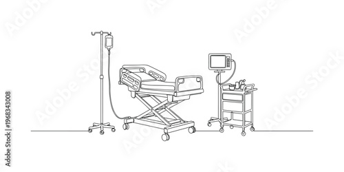 Maternity Delivery. Minimalistic one-line drawing hospital room with delivery bed and medical equipment setup, continuous single black line on white