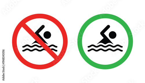 Swimming allowed and no swimming signs vector illustration. Swimmer sign icons set. Swimming allow and swimming not allowed.