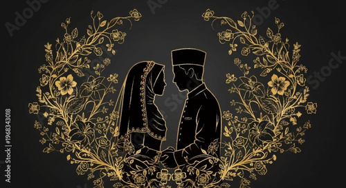 Elegant Wedding Illustration of a Couple in Traditional Attire Surrounded by Ornate Golden Floral Embellishments