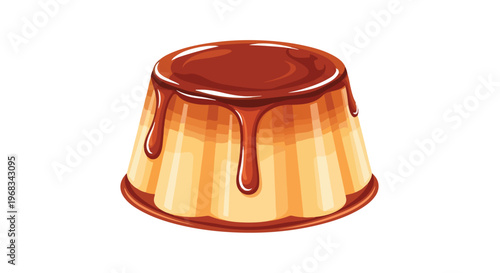 Illustration of a caramel creme brulee with a rich, brown sauce drizzled over the top on a plain white background.