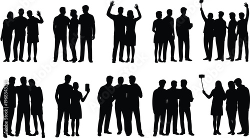 People silhouettes group posing and taking selfies, friends and couples vector illustration of social interaction isolated minimal design collection