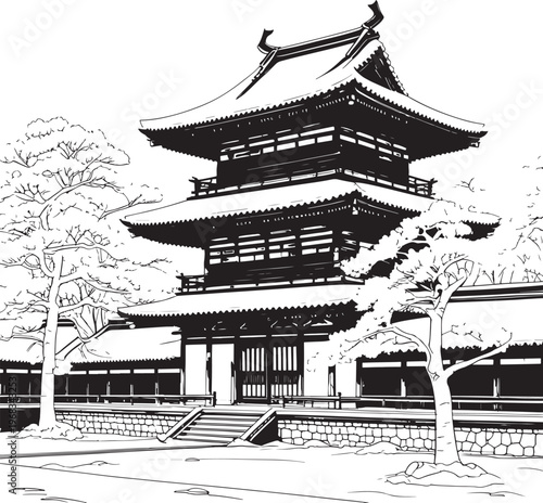 A black and white illustration of a traditional Japanese pagoda with trees and stone walls