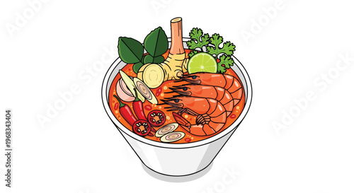 Vibrant Illustration of a Bowl of Spicy Tom Yum Soup with Plump Shrimp and Aromatic Thai Herbs and Spices
