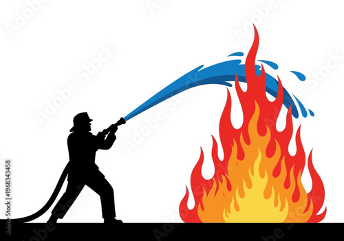 Firefighter silhouette spraying water on a large raging fire, representing emergency services and hazard control