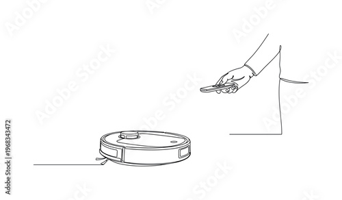 Robot Vacuum Operation. Minimalistic one-line drawing autonomous vacuum moving across floor with person guiding via remote, continuous single black line on